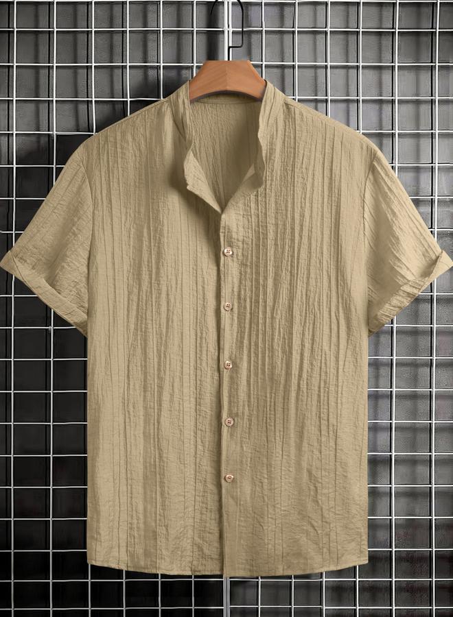 Take Two Men Beige Textured Mandarin Collar Shirt - Image 1